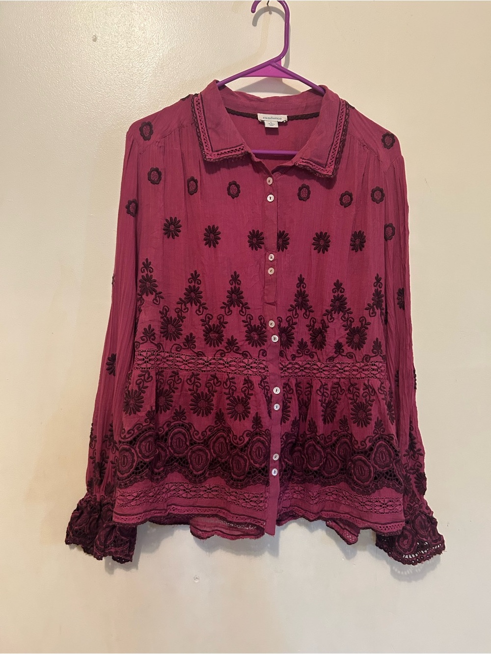 NWOT Sundance Bohemian Peasant Berry Button-Front Embroidered Blouse Sz L